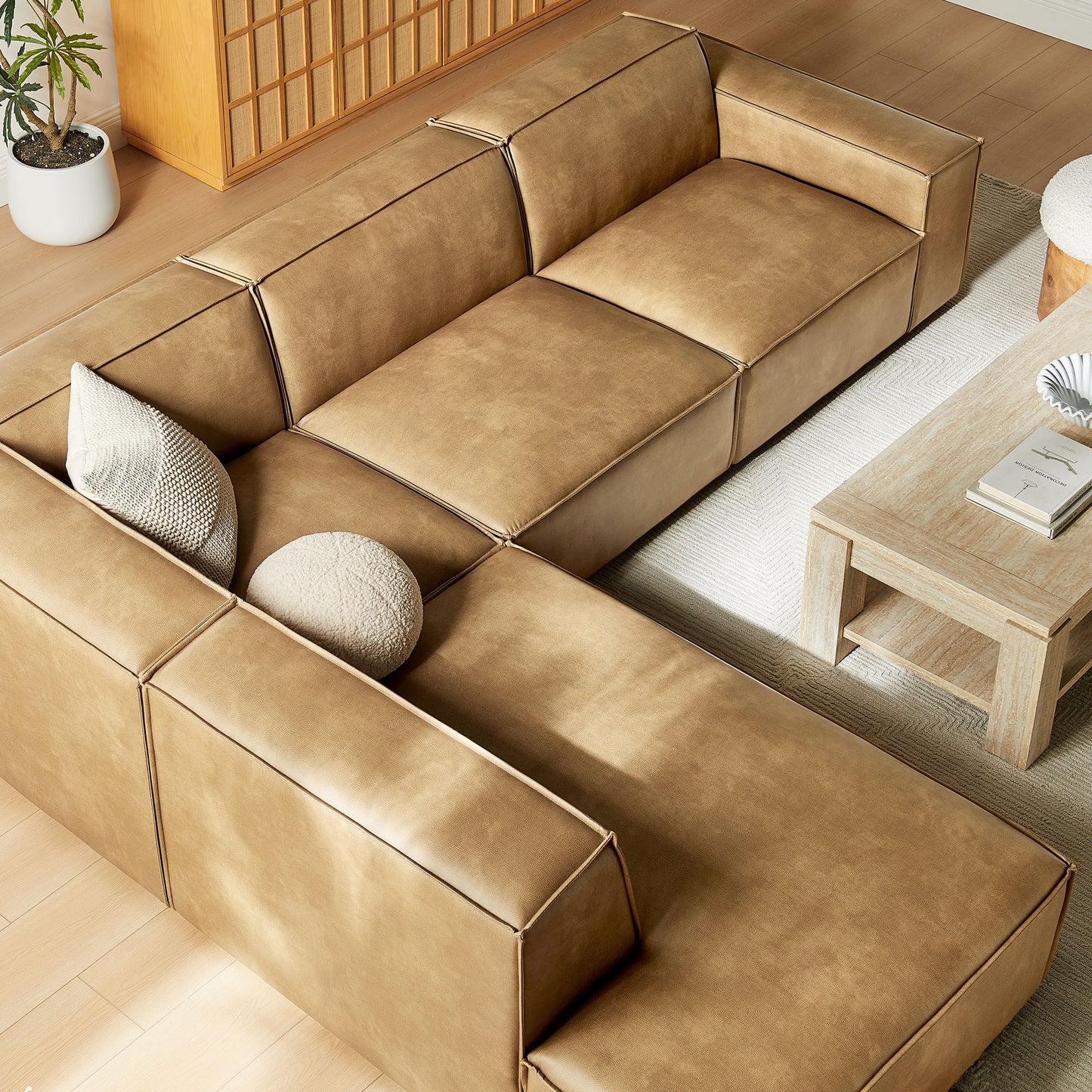 Atlas 4-Piece Vegan Leather Modular L-Shaped Sofa in Toast