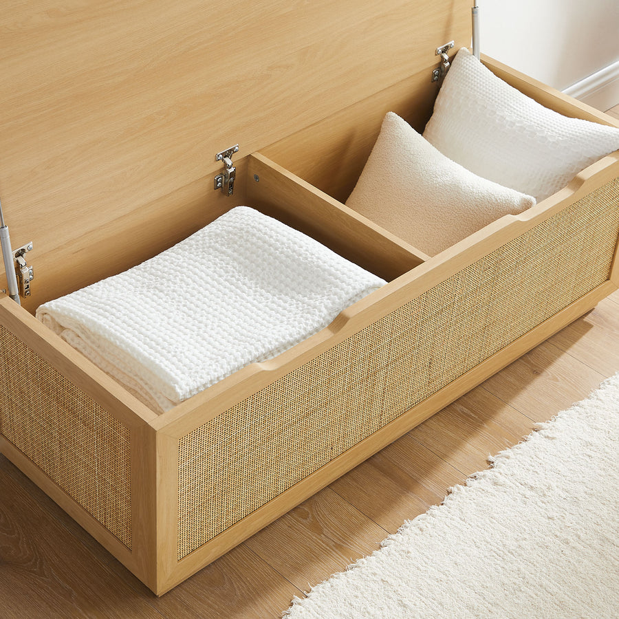 Wren 47" Rattan Storage Bench in Oak