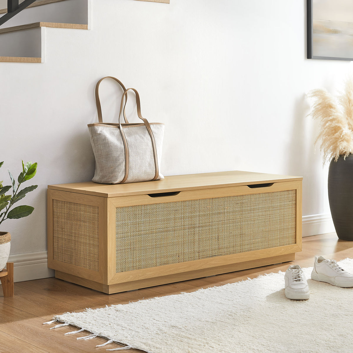 Soma 47" Rattan Storage Bench in Oak