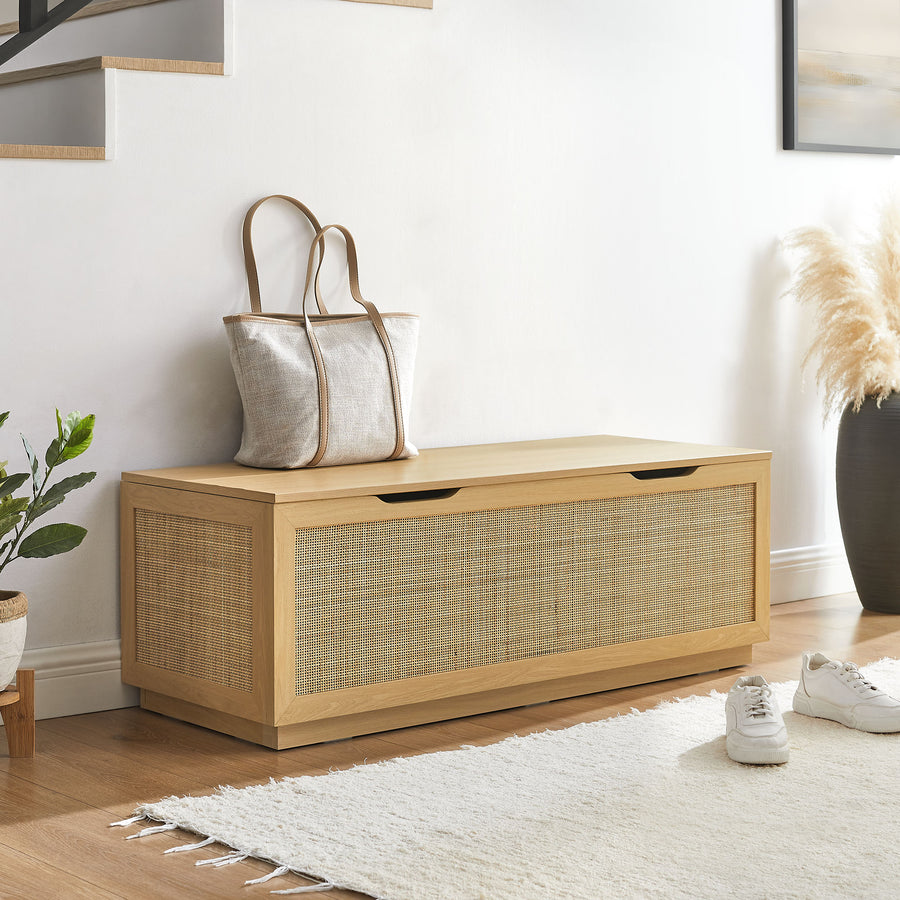 Wren 47" Rattan Storage Bench in Oak