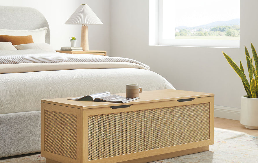 Wren 47" Rattan Storage Bench in Oak