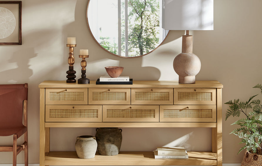 Wren 62 Inch Rattan Console Table in Oak