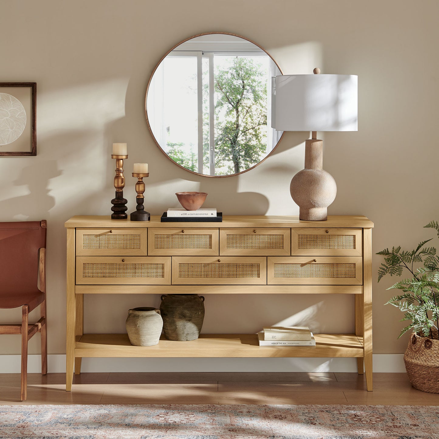Wren 62 Inch Rattan Console Table in Oak