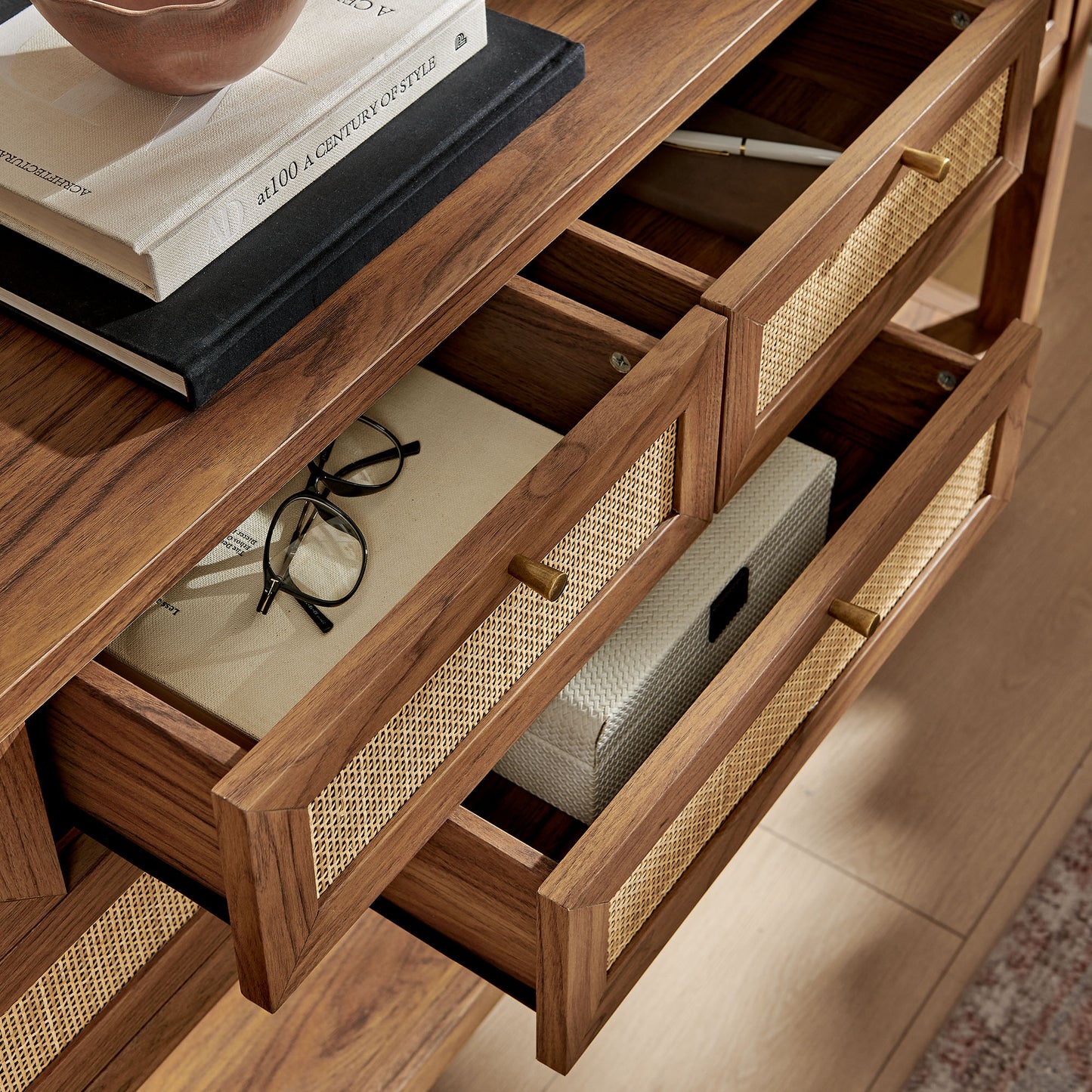 Wren 62 Inch Rattan Console Table in Walnut