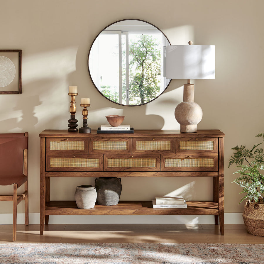 Wren 62 Inch Rattan Console Table in Walnut