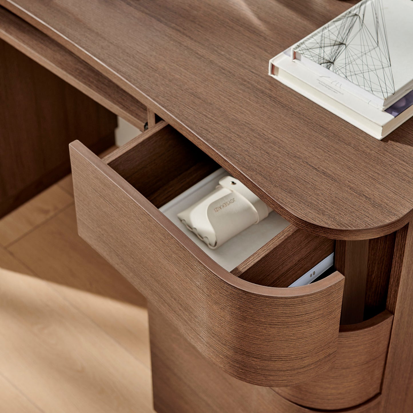 Mosaic 55" 6-Drawer Curved Office Desk in Brushed Brown Oak