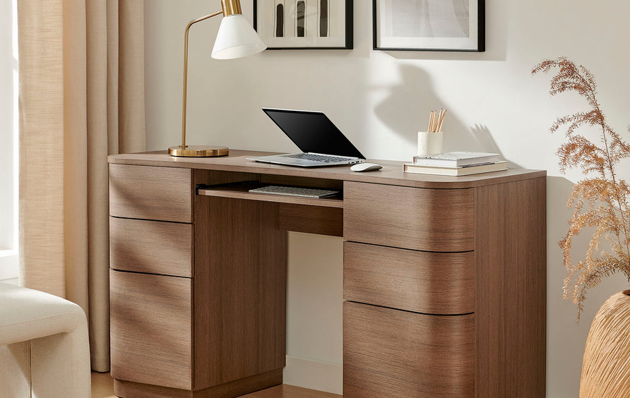 Mosaic 55" 6-Drawer Curved Office Desk in Brushed Brown Oak