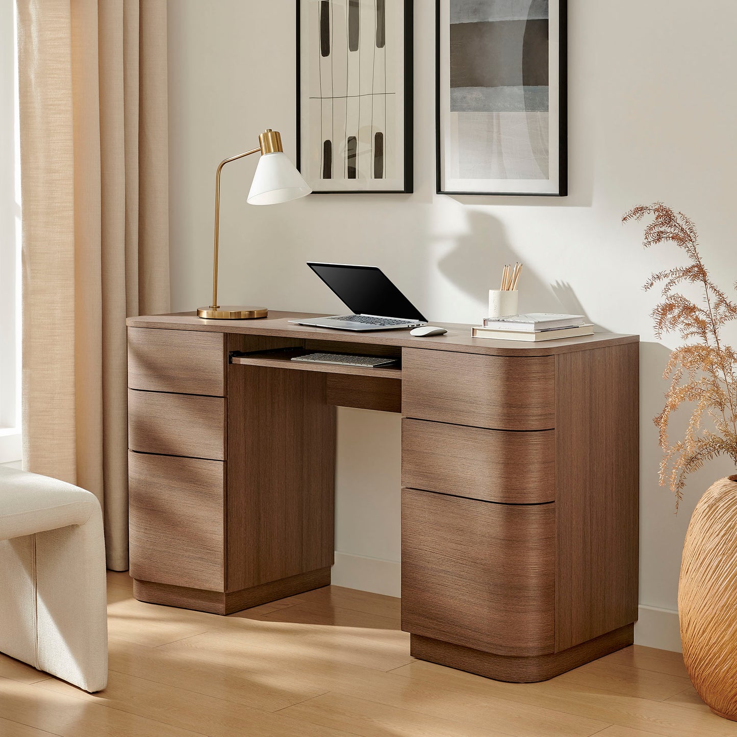 Mosaic 55" 6-Drawer Curved Office Desk in Brushed Brown Oak