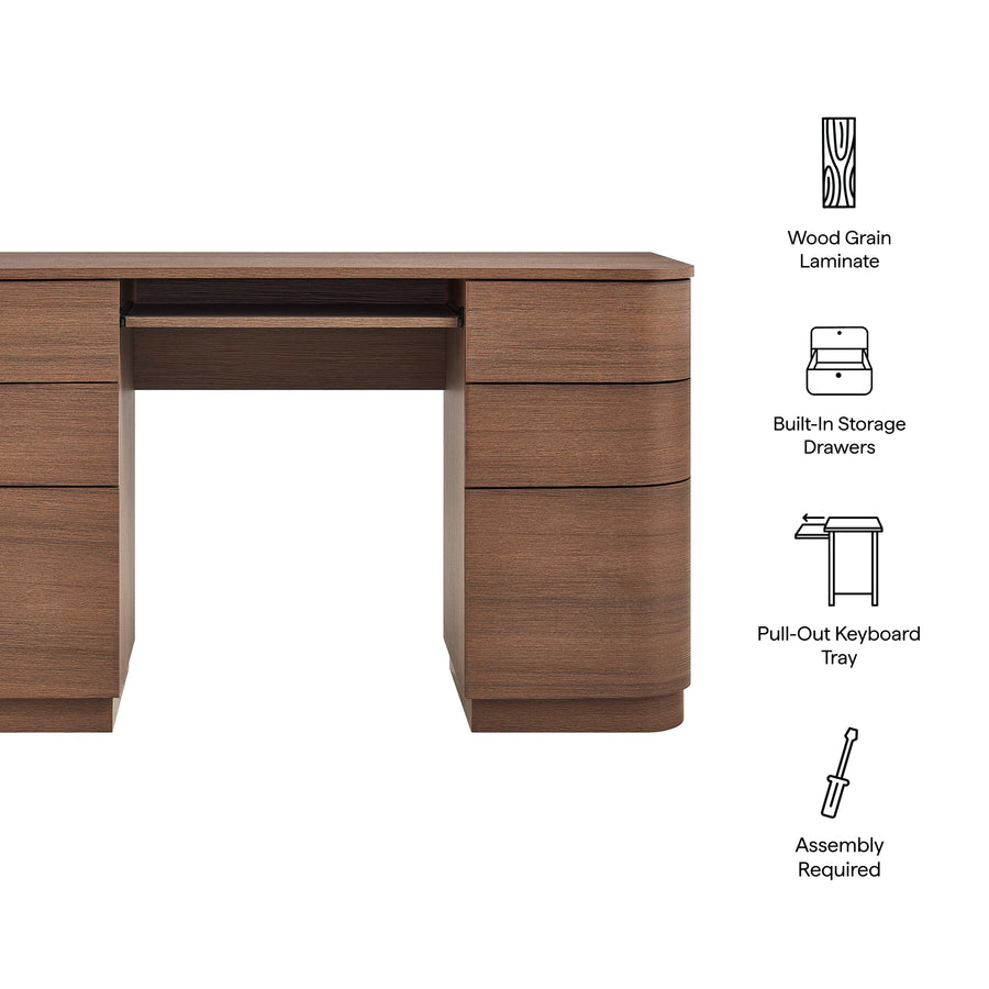 Mosaic 55" 6-Drawer Curved Office Desk in Brushed Brown Oak