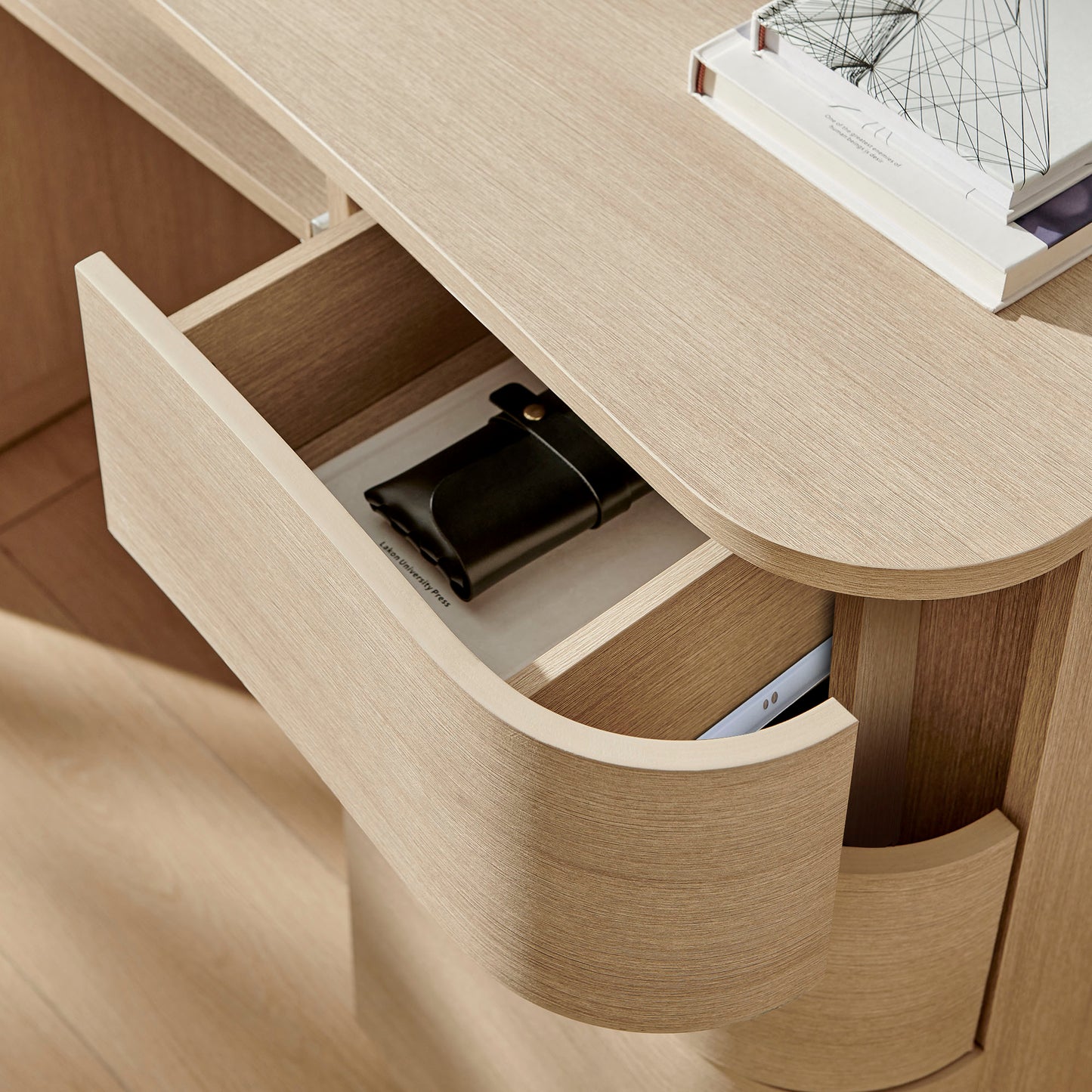 Mosaic 55" 6-Drawer Curved Office Desk in Brushed Light Oak