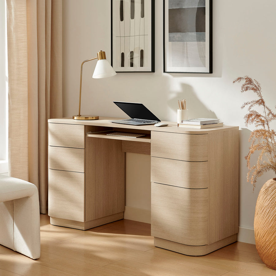 Mosaic 55" 6-Drawer Curved Office Desk in Brushed Light Oak