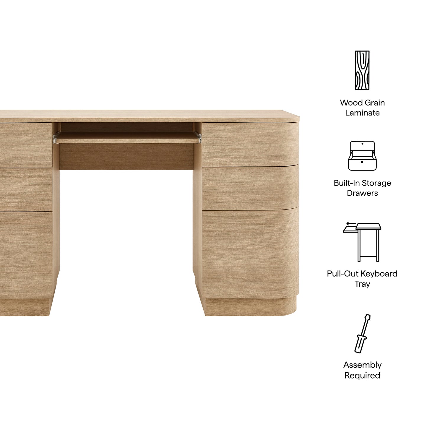 Mosaic 55" 6-Drawer Curved Office Desk in Brushed Light Oak