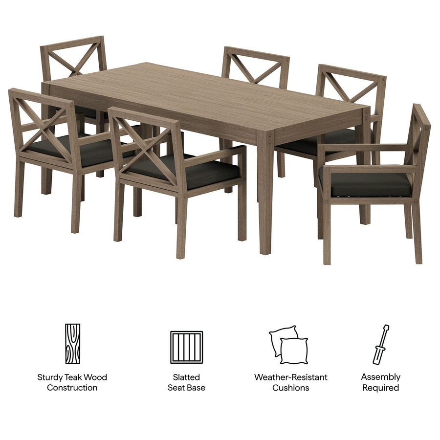 Roan 7-Piece Outdoor Patio Teak Wood Dining Set in Weathered Gray Flint