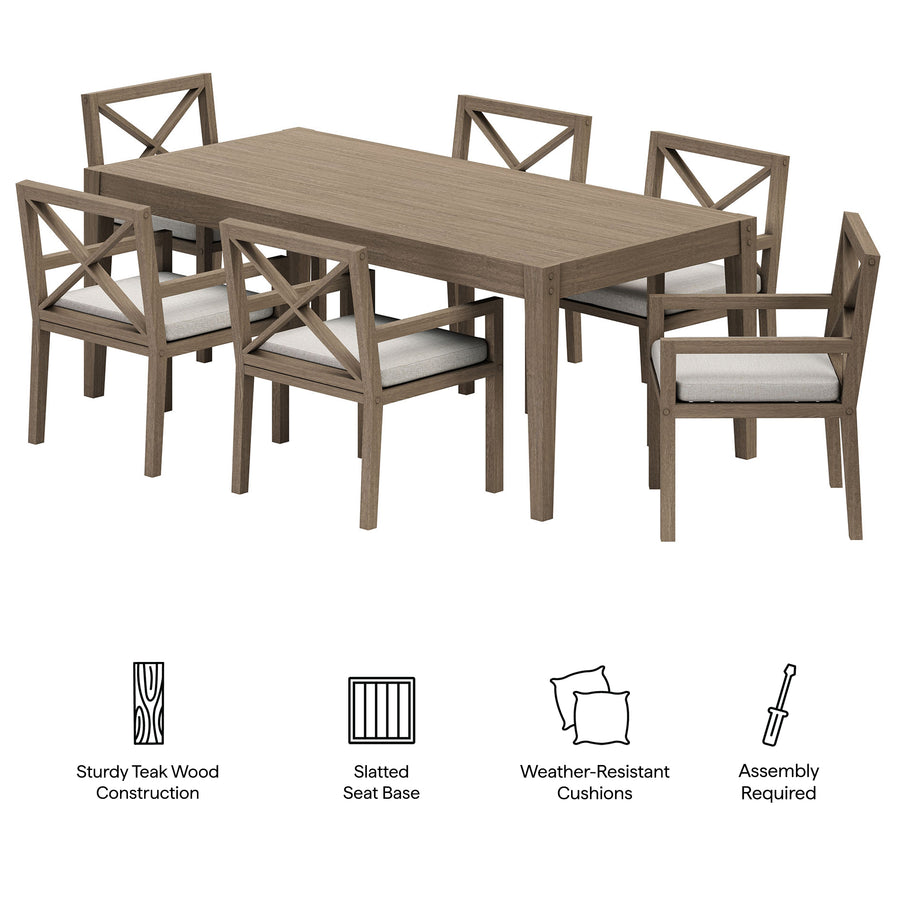 Roan 7-Piece Outdoor Patio Teak Wood Dining Set in Weathered Gray Pebble