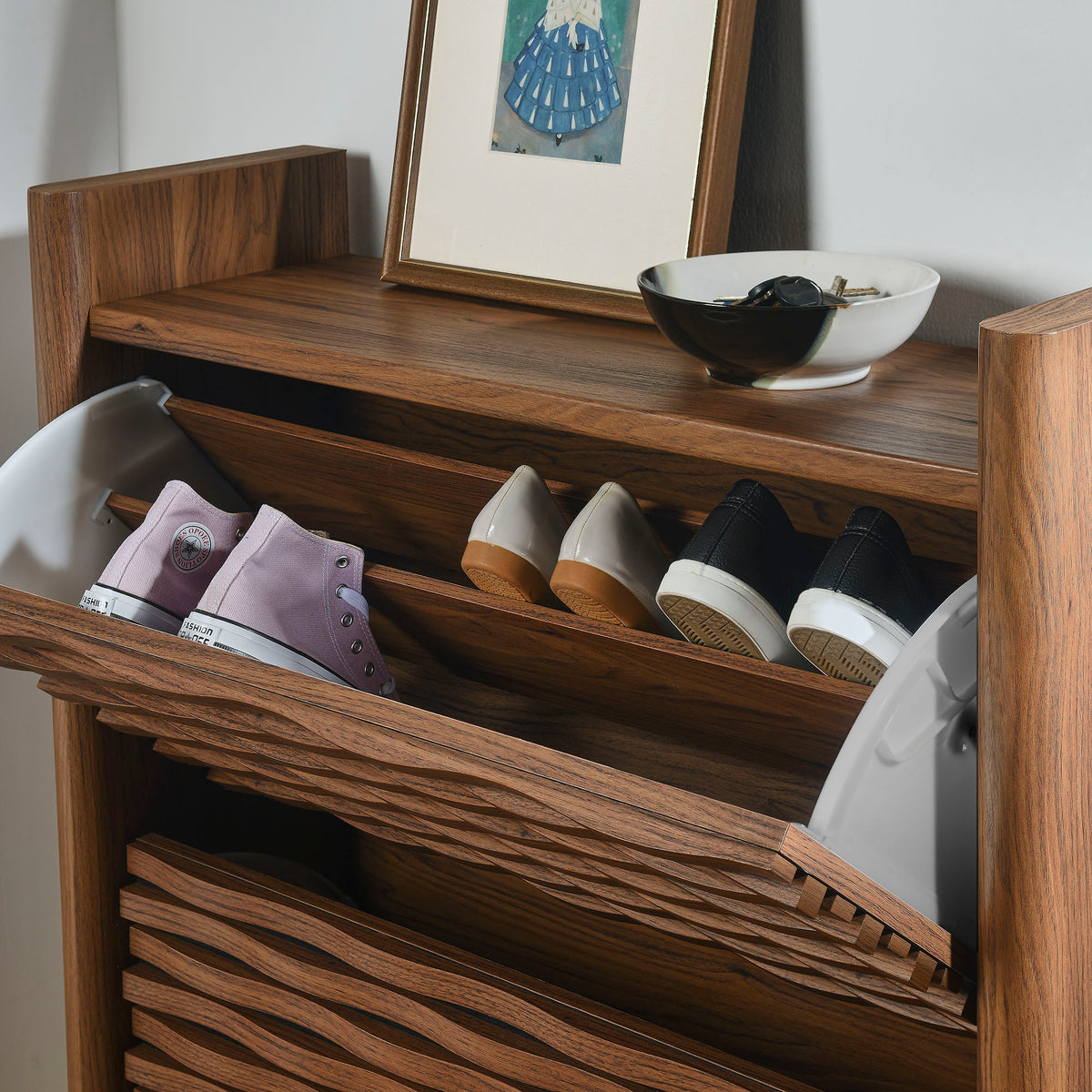 Emric Wave Shoe Cabinet in Walnut
