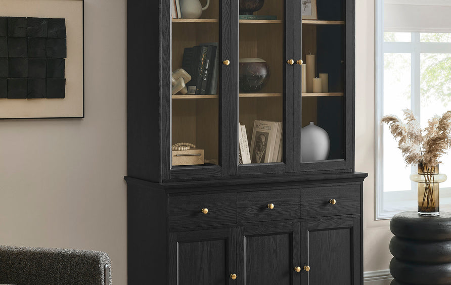 Yvaine 79 Inch Large Storage Display Cabinet in Black Oak