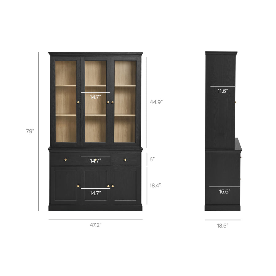 Yvaine 79 Inch Large Storage Display Cabinet in Black Oak