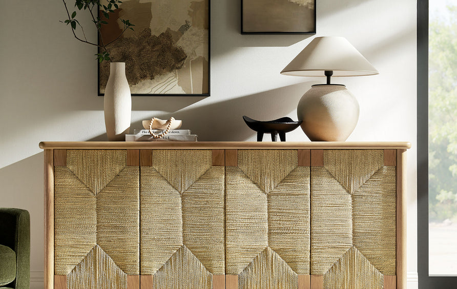 Peniscola 71 Inch Oak Wood Seagrass Sideboard in Oak