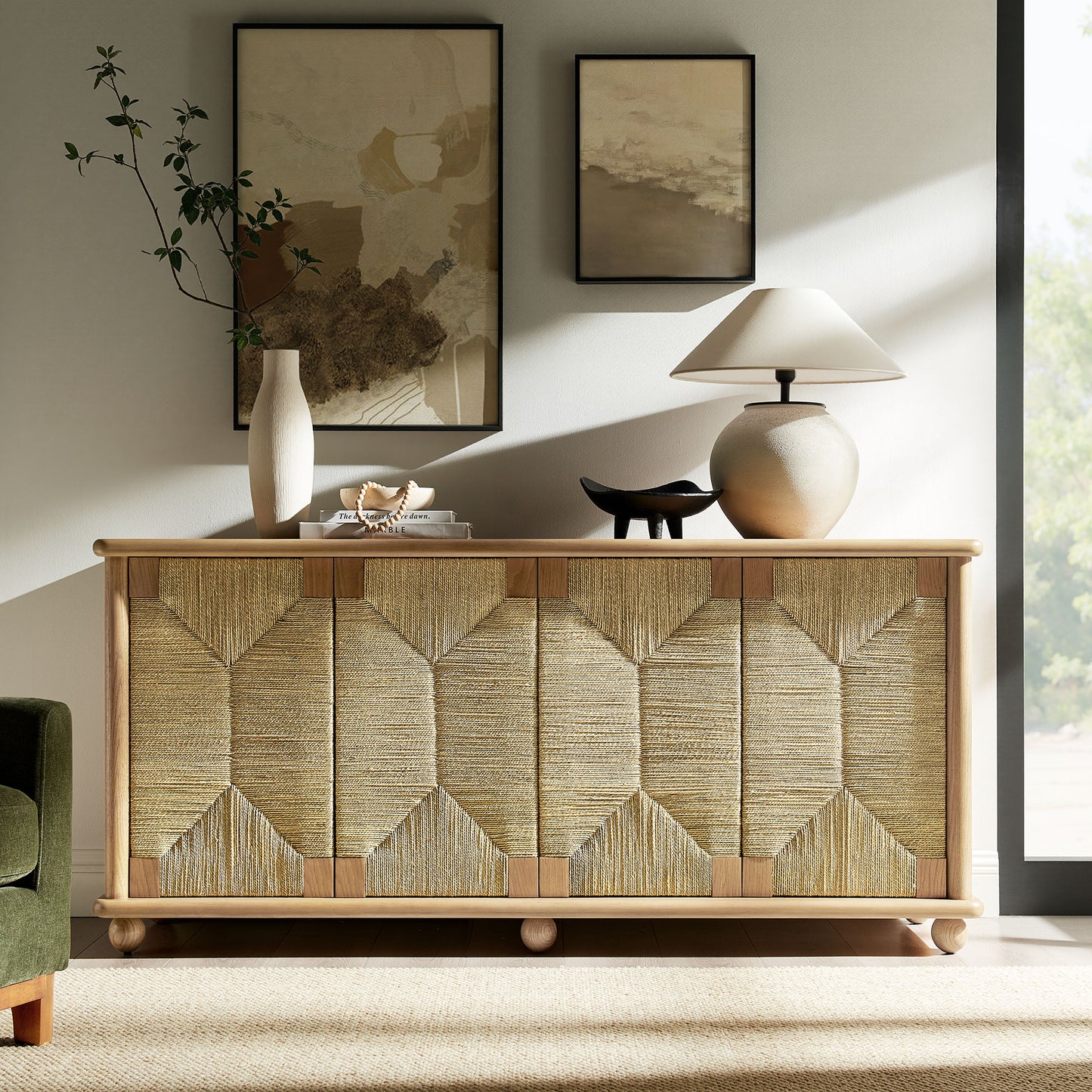 Marola 71 Inch Oak Wood Seagrass Sideboard by Furniture for America