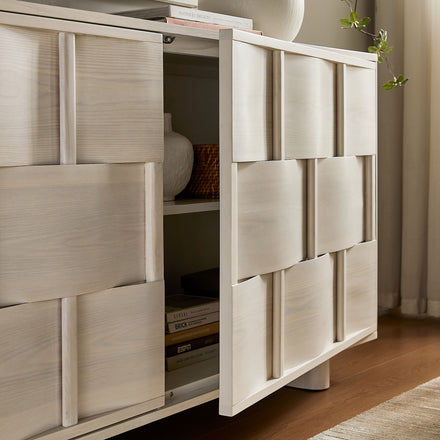 Foundry 71" Woven Design Buffet Storage Cabinet in White Wash
