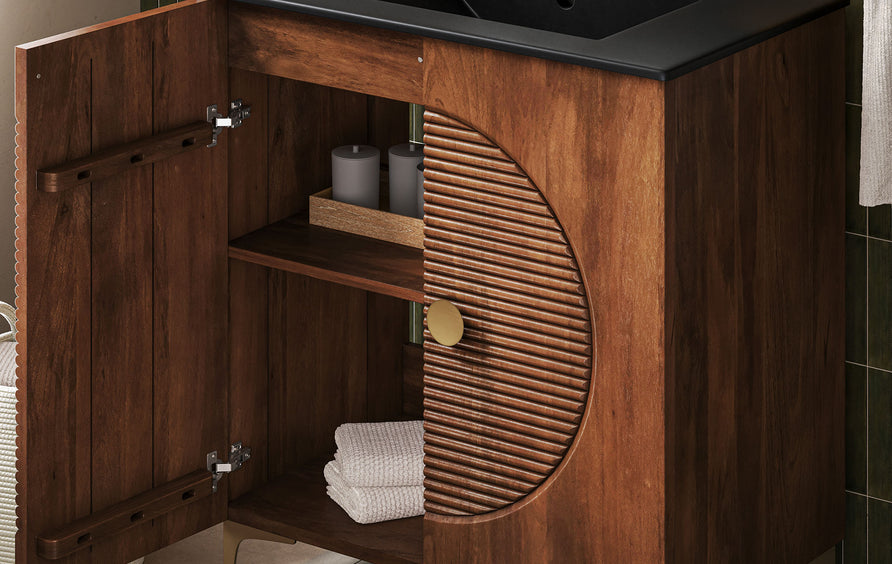 Inara 30" Fluted Wood Vanity Cabinet With Sink in Walnut Black