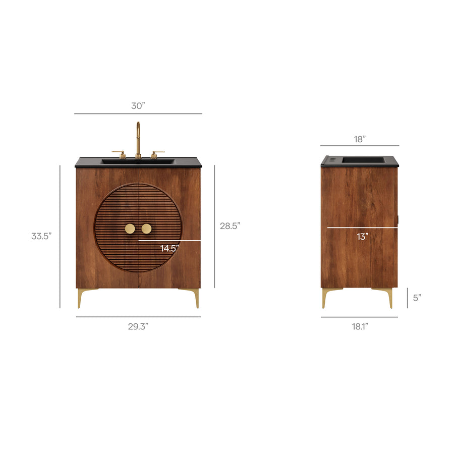 Inara 30" Fluted Wood Vanity Cabinet With Sink in Walnut Black