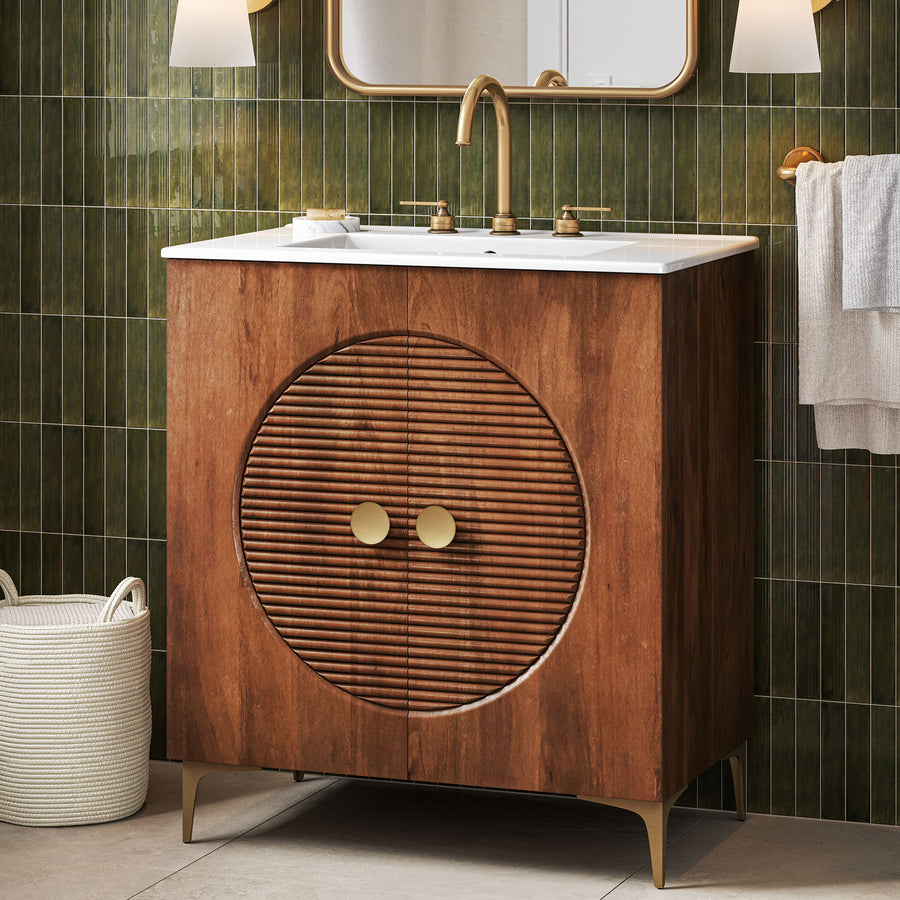 Inara 30" Fluted Wood Vanity Cabinet With Sink in Walnut White