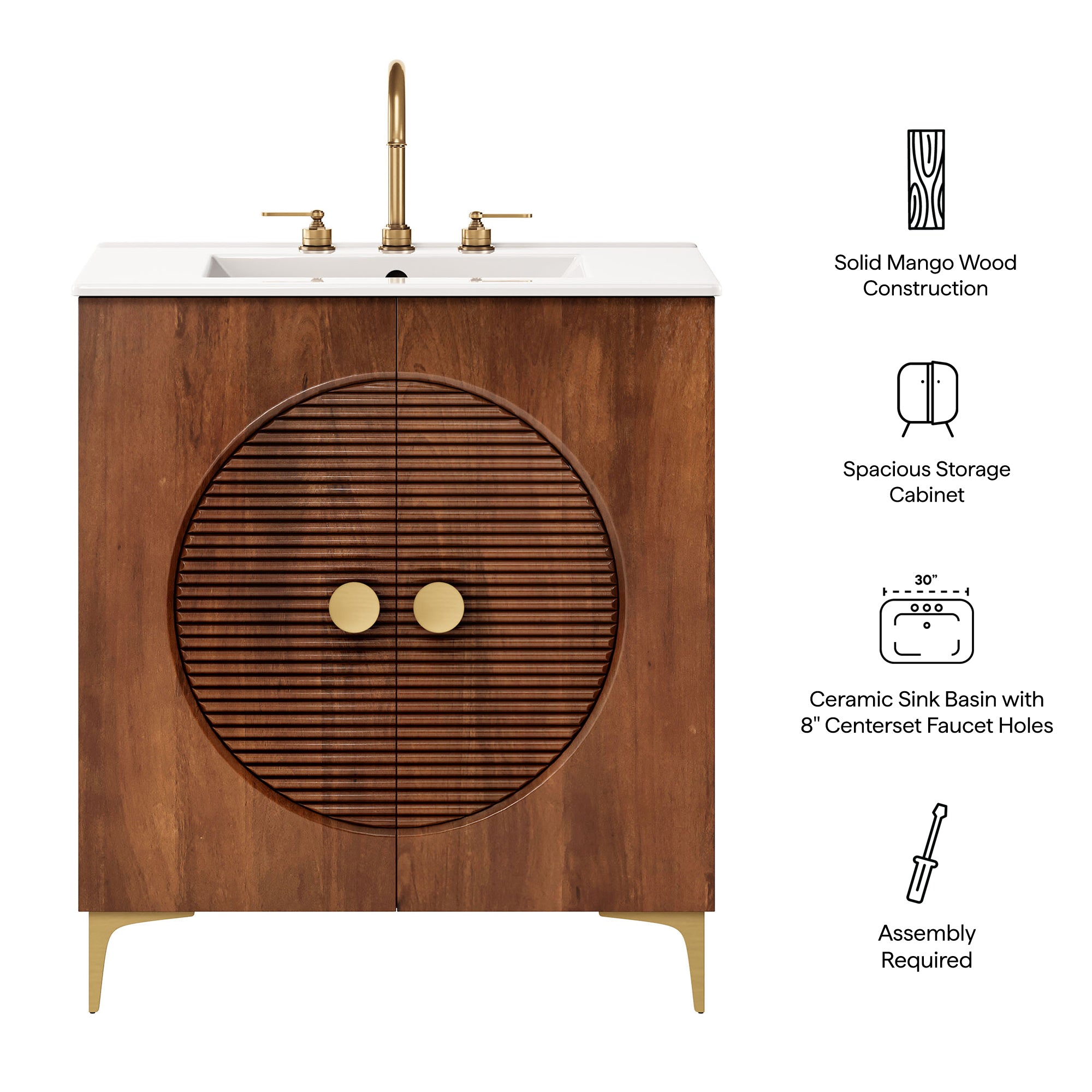 Vernon 30" Fluted Wood Vanity Cabinet With Sink by Furniture for America