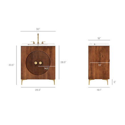 Vernon 30" Fluted Wood Vanity Cabinet With Sink in Walnut White
