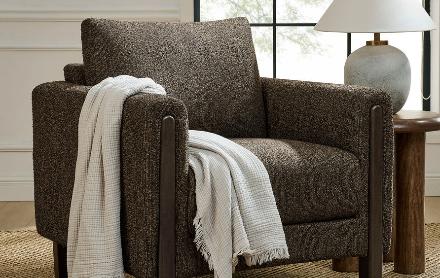 Vetiver Boucle Fabric Accent Armchair in Antique Espresso
