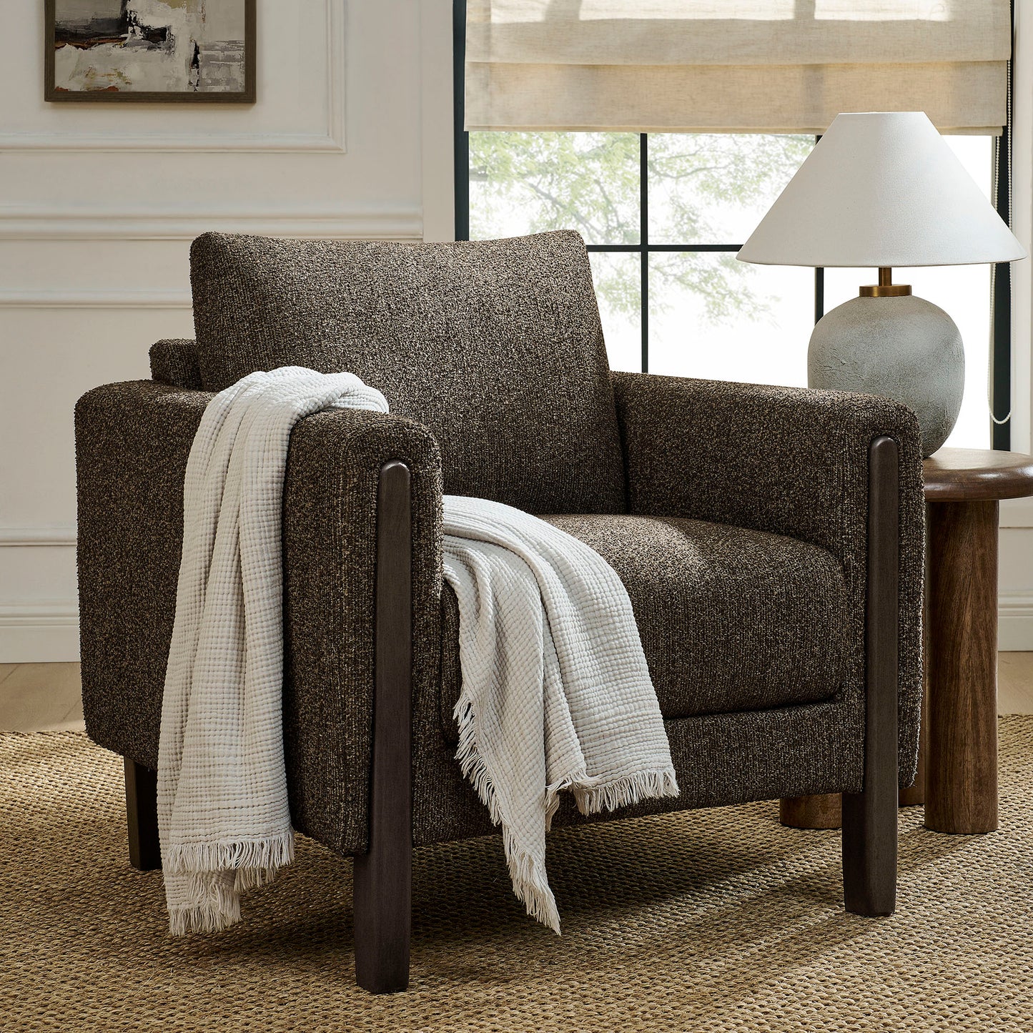 Vetiver Boucle Fabric Accent Armchair in Antique Espresso