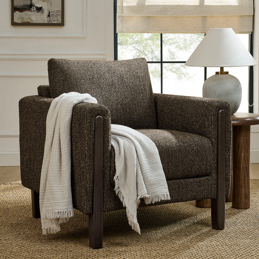 Vetiver Boucle Fabric Accent Armchair in Antique Espresso