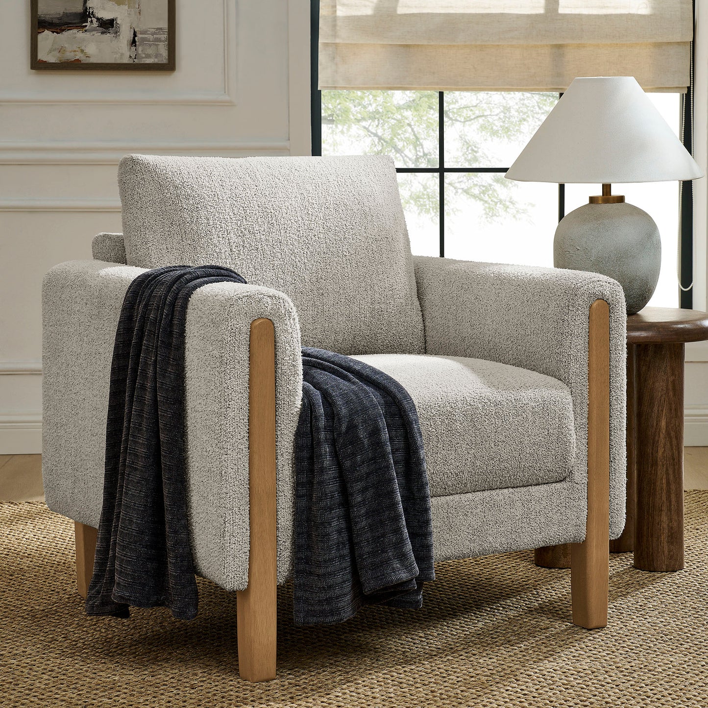 Vetiver Boucle Fabric Accent Armchair in Parchment Beech