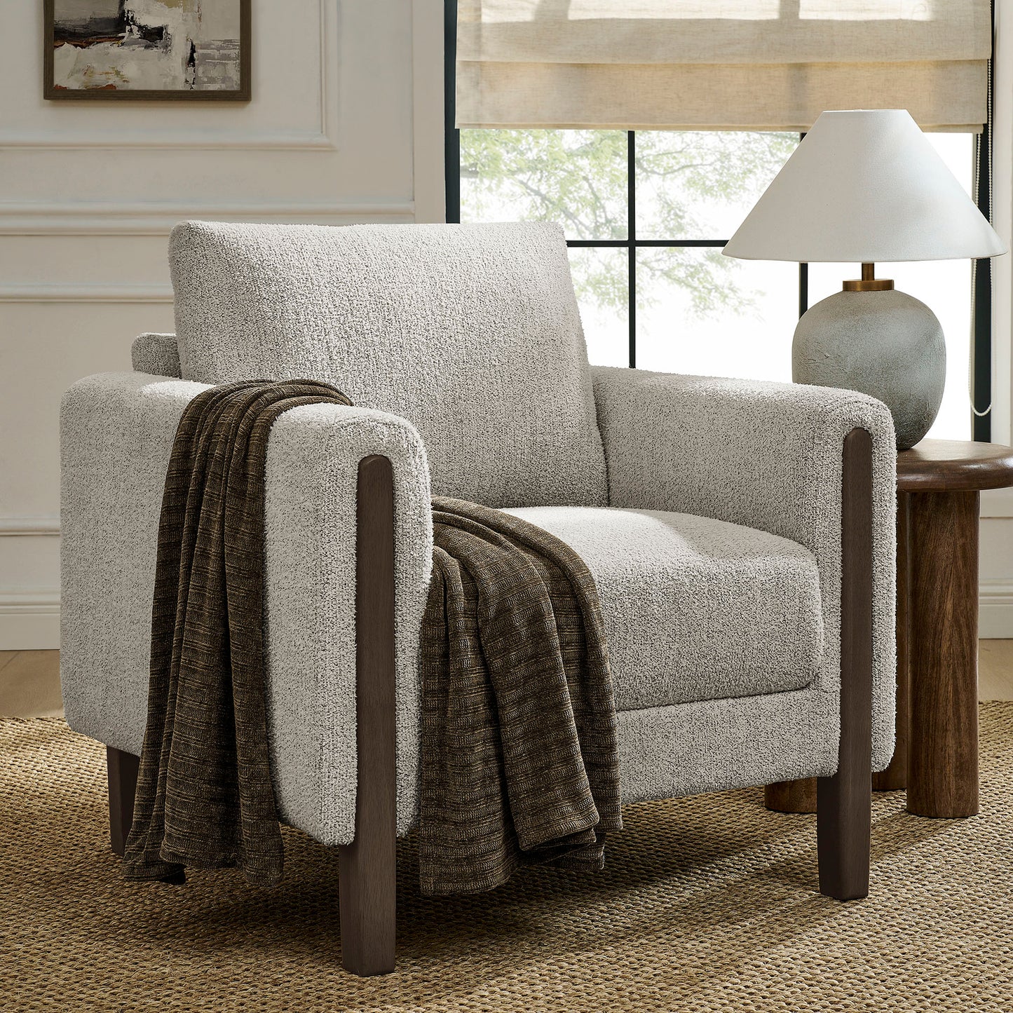 Vetiver Boucle Fabric Accent Armchair in Parchment Espresso