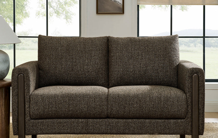 Vetiver Boucle Fabric Loveseat in Antique Espresso
