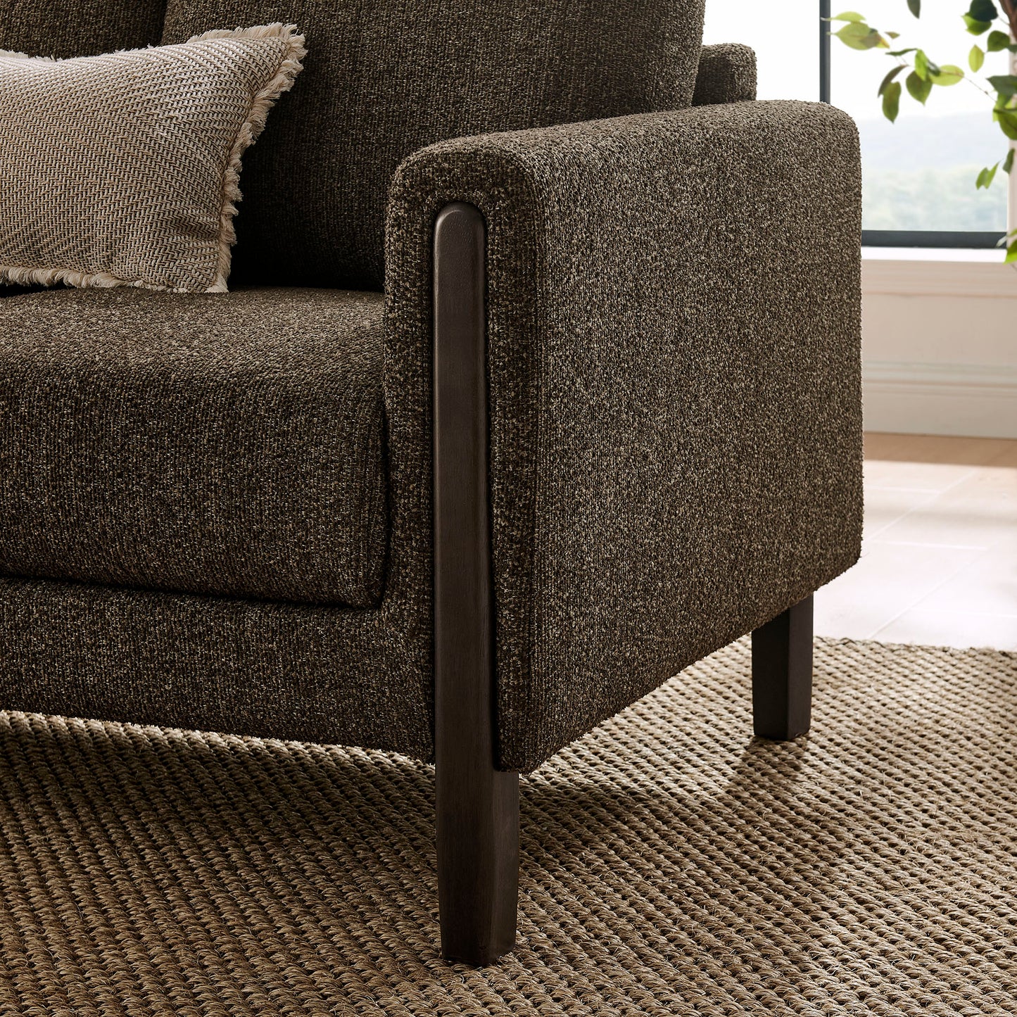 Vetiver Boucle Fabric Sofa in Antique Espresso