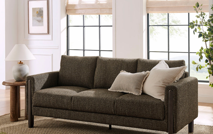 Vetiver Boucle Fabric Sofa in Antique Espresso