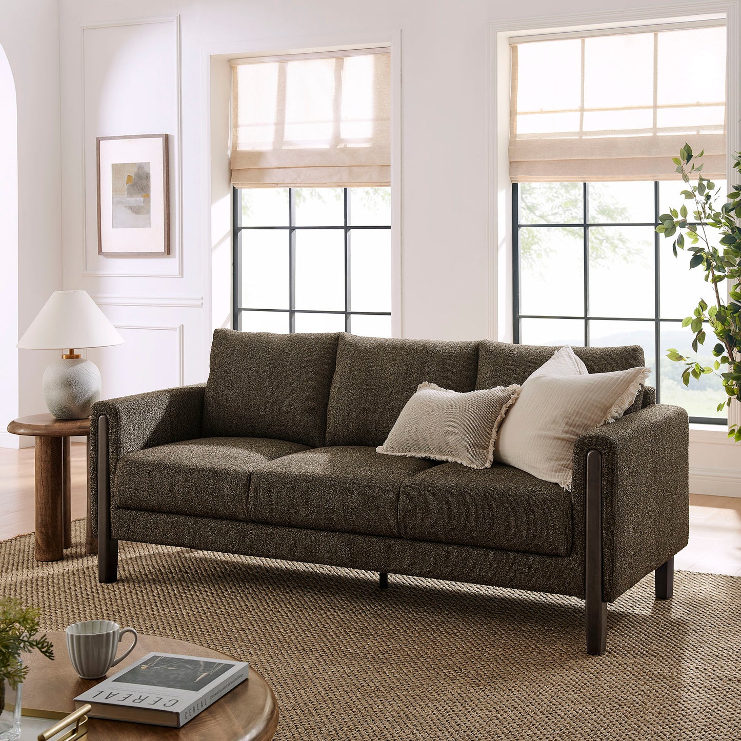 Vetiver Boucle Fabric Sofa in Antique Espresso
