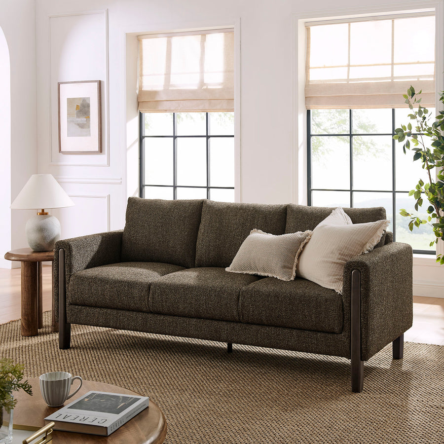 Vetiver Boucle Fabric Sofa in Antique Espresso