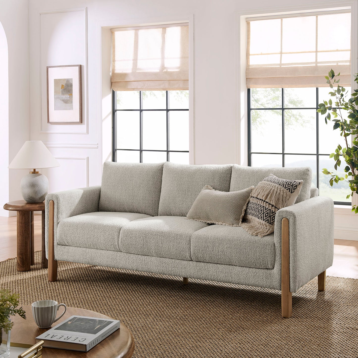 Vetiver Boucle Fabric Sofa in Parchment Beech