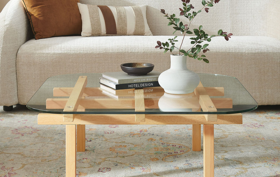 Mallow 35 Inch Tempered Glass Coffee Table in Oak