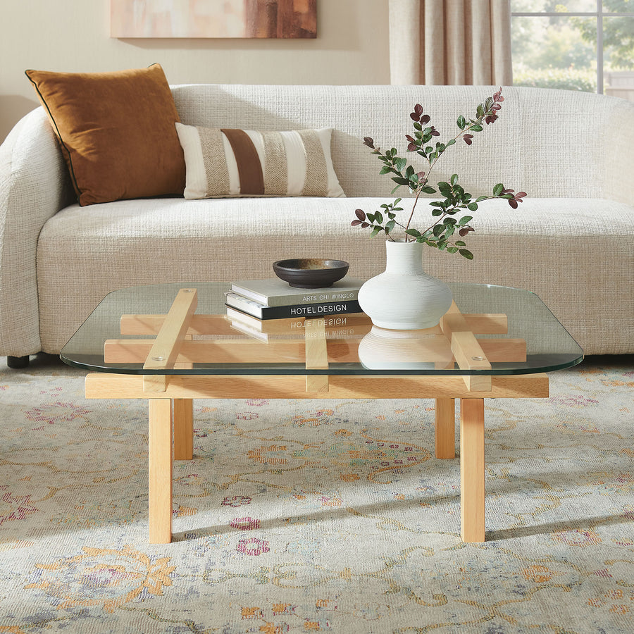 Mallow 35 Inch Tempered Glass Coffee Table in Oak