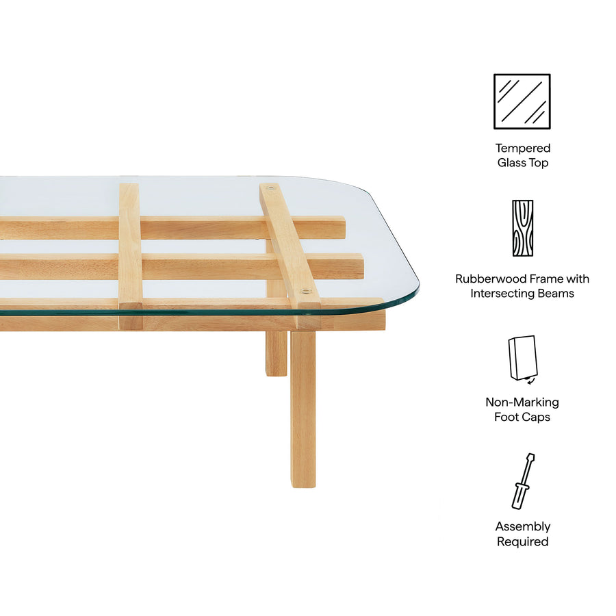 Mallow 35 Inch Tempered Glass Coffee Table in Oak