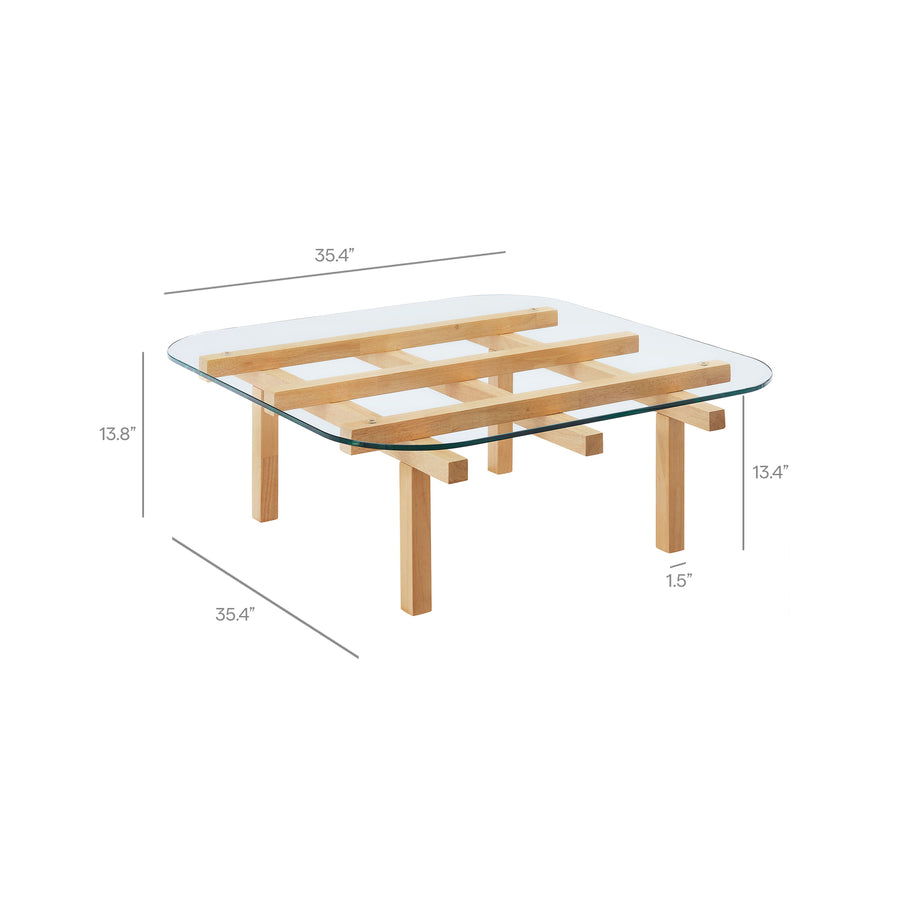 Mallow 35 Inch Tempered Glass Coffee Table in Oak