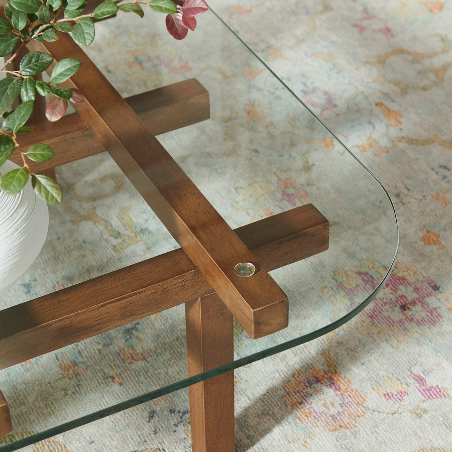 Mallow 35 Inch Tempered Glass Coffee Table in Walnut
