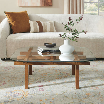 Isby 35 Inch Tempered Glass Coffee Table in Walnut