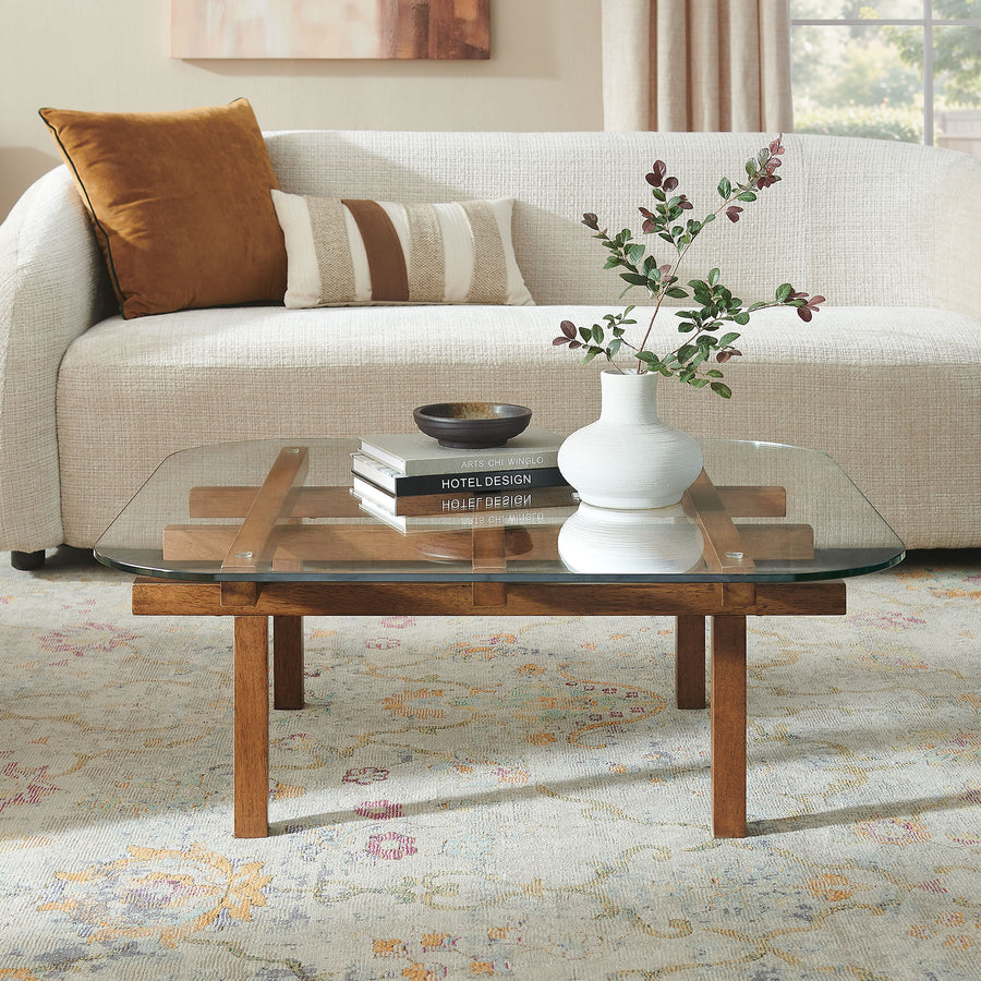 Mallow 35 Inch Tempered Glass Coffee Table in Walnut
