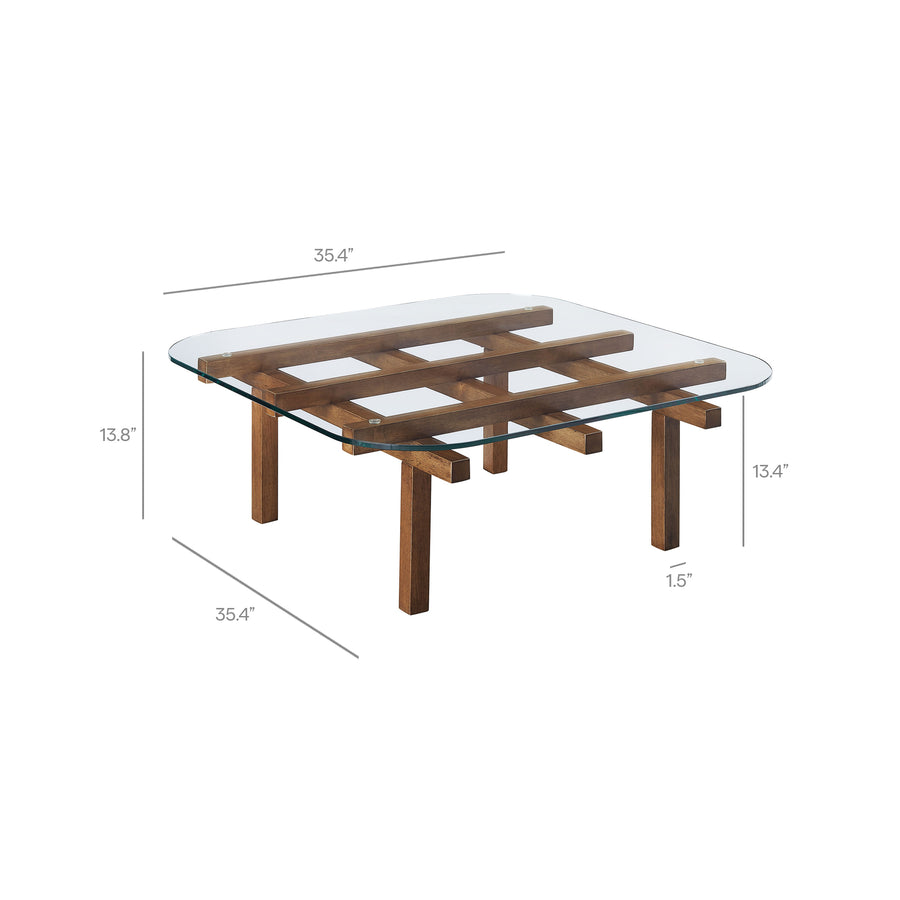 Mallow 35 Inch Tempered Glass Coffee Table in Walnut