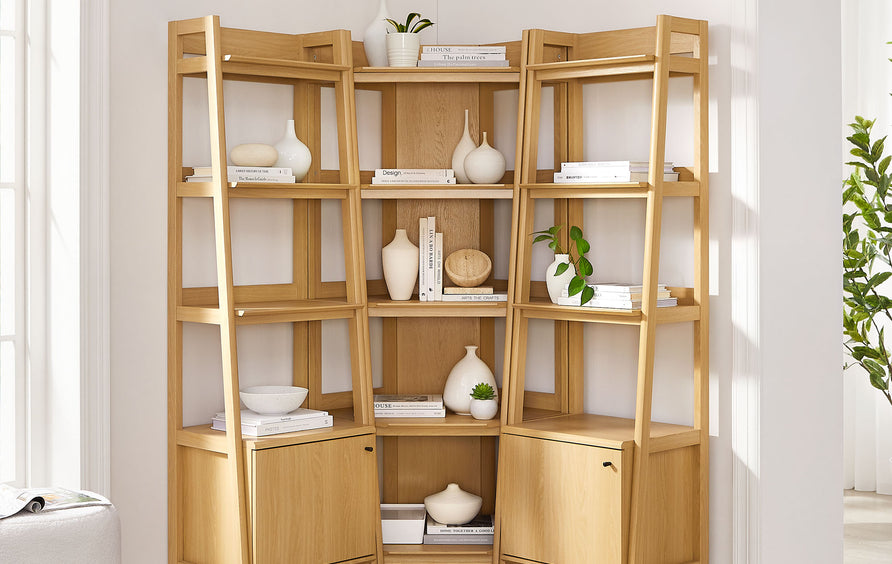 Finch 3-piece Corner Bookshelf Set with Narrow Bookshelves in Oak