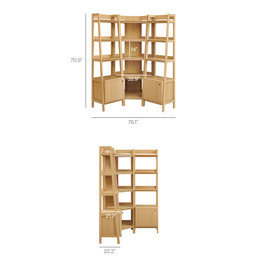 Finch 3-piece Corner Bookshelf Set with Narrow Bookshelves in Oak